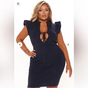 Bodycon Open Back Rib Knit Navy Blue Keyhole Flutter Sleeve Dress
